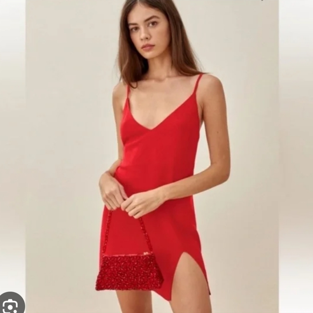 Reformation MARLOW Red V‑Neck Mini Slip Dress with Side Slit SZ med
